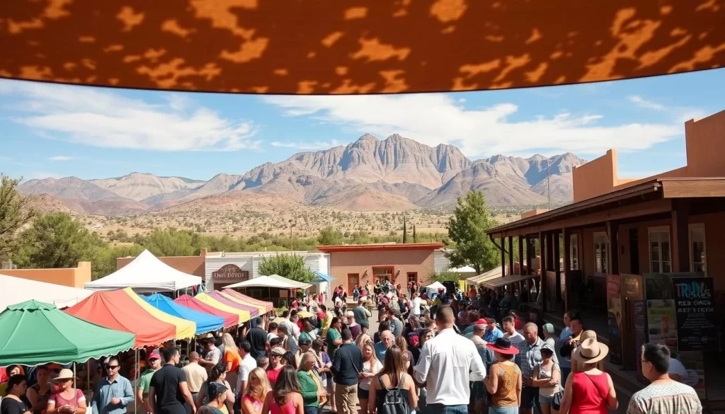 A vibrant summer festival in New Mexico's arid landscape. Colorful tents and food stalls line a central plaza, their awnings casting warm, dappled shadows on the crowd below. In the foreground, locals and tourists mingle, sampling local cuisine and browsing artisanal crafts. The middle ground features a stage where musicians perform traditional songs, their upbeat melodies carried on a gentle breeze. In the distance, the rugged Sangre de Cristo mountains rise, their peaks bathed in the golden glow of the afternoon sun. The atmosphere is lively, festive, and quintessentially New Mexican.