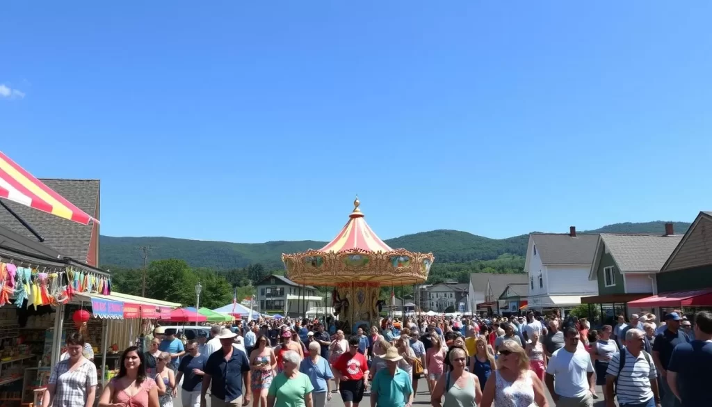 A vibrant summer festival in a picturesque New Hampshire town. In the foreground, a lively crowd strolls past colorful vendor booths selling local crafts, artisanal foods, and fresh produce. In the middle ground, a vintage carousel spins under a clear blue sky, its painted horses sparkling in the warm sunlight. In the background, rolling green hills and a quaint town center create a charming, quintessentially New England atmosphere. The overall scene exudes a sense of community, celebration, and the rejuvenating spirit of a New Hampshire summer.