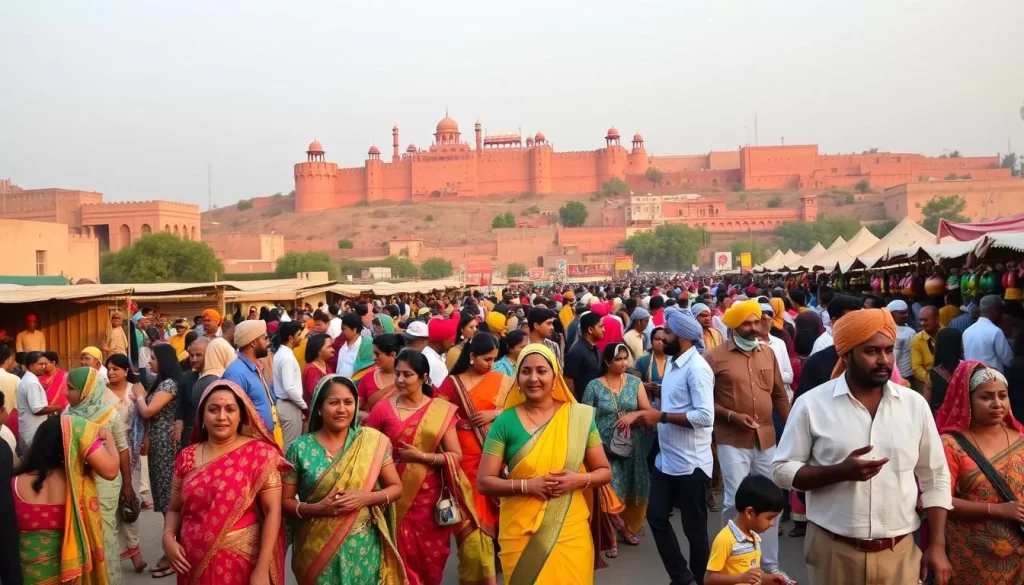 A vibrant summer festival in the heart of Rajasthan, India. A bustling marketplace filled with local artisans showcasing their handcrafted textiles, jewelry, and pottery. Intricate henna designs adorn the hands of women dressed in vibrant sarees, while men in traditional turbans and kurtas sway to the rhythmic beats of dhol drums. In the background, majestic palaces and forts loom, their sandstone facades glowing in the warm evening light. The air is alive with the aroma of spices and the laughter of children playing among the colorful stalls. A serene oasis amidst the desert landscape, where the spirit of Rajasthan's culture and heritage comes alive in a magnificent summer celebration.
