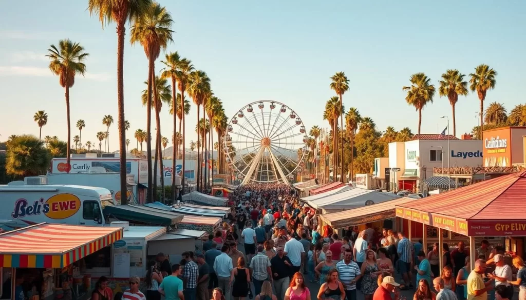 A vibrant summer festival scene in a quintessential California town. The foreground is alive with colorful booths, food trucks, and lively crowds enjoying live music. In the middle ground, a ferris wheel and other carnival rides loom against a backdrop of palm trees and azure skies. Warm, golden sunlight bathes the entire scene, creating a festive and inviting atmosphere. The camera angle is slightly elevated, capturing the full scope of the bustling event.