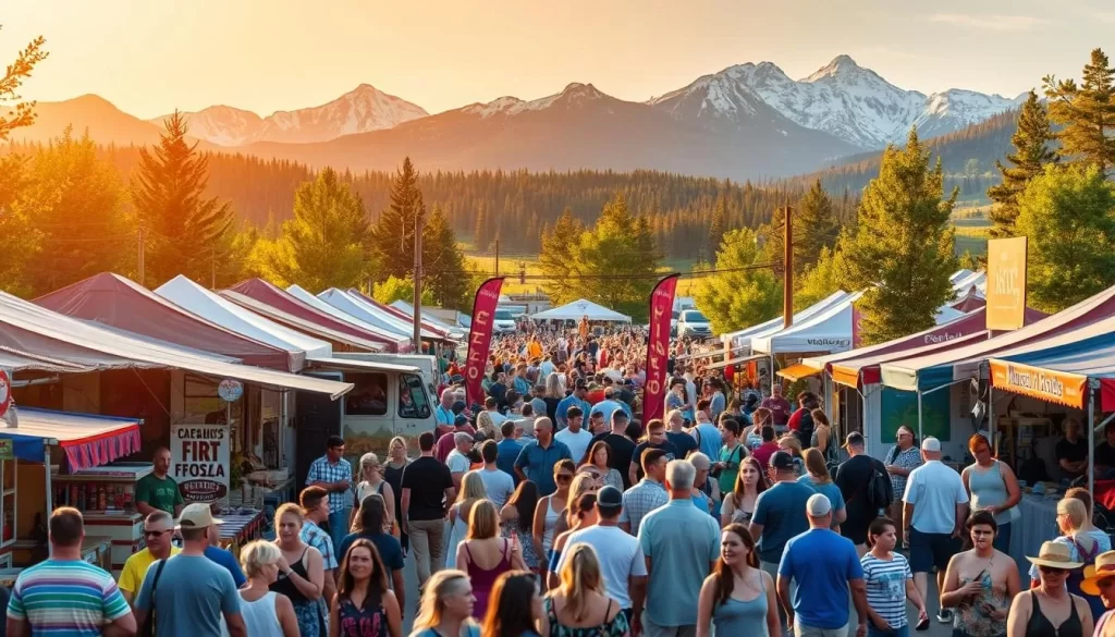 A vibrant summer festival scene in the heart of Montana's breathtaking landscapes. In the foreground, a colorful array of artisanal stalls and food trucks line the streets, their lively patrons enjoying the warm afternoon sun. In the middle ground, a bustling crowd gathers around a stage, captivated by the energetic performance of local musicians. The background showcases the majestic Rocky Mountains, their snow-capped peaks framing the festivities with a sense of grandeur. Warm, golden light bathes the entire scene, creating a welcoming and celebratory atmosphere. The crisp, clean air and verdant greenery evoke the quintessential Montana summer.