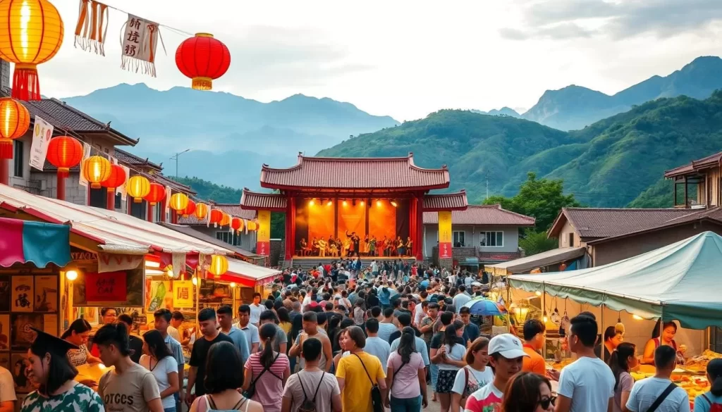 A vibrant summer festival unfolding in a picturesque Taiwanese town. In the foreground, locals and visitors mingle amidst colorful stalls, sampling delectable street food and browsing handcrafted wares. Lanterns and flags sway gently in the warm breeze, casting a soft, golden glow over the lively scene. In the middle ground, a traditional stage showcases energetic performances of song and dance, drawing crowds of enchanted onlookers. The background reveals idyllic mountain vistas, their verdant slopes framing the festivities with natural splendor. Warm, inviting lighting illuminates the joyous atmosphere, heightening the sense of community and cultural celebration.