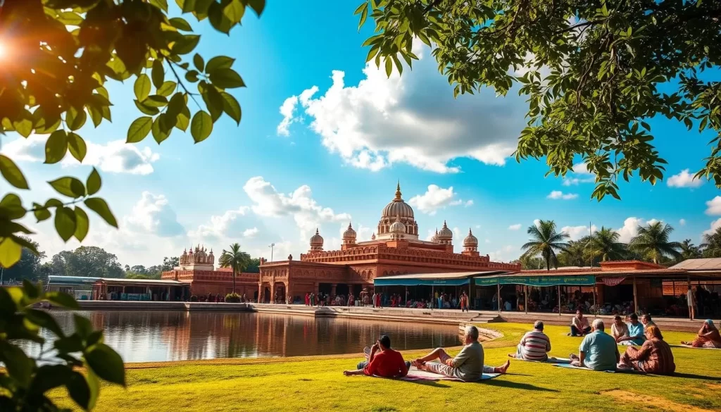 A vibrant summer scene in Madhya Pradesh, India. Lush green foliage frames a tranquil pond, its surface reflecting the clear blue sky dotted with fluffy white clouds. In the foreground, a group of locals enjoy the warmth, lounging on colorful mats and chatting animatedly. The middle ground features a bustling marketplace, with vendors selling an array of local produce and handicrafts under the dappled sunlight. In the distance, the iconic domes and spires of an ancient temple complex rise majestically, creating a sense of timeless serenity. The warm, golden tones of the afternoon light imbue the scene with a nostalgic, dreamlike quality, inviting the viewer to experience the languid charm of a summer visit to this captivating region.