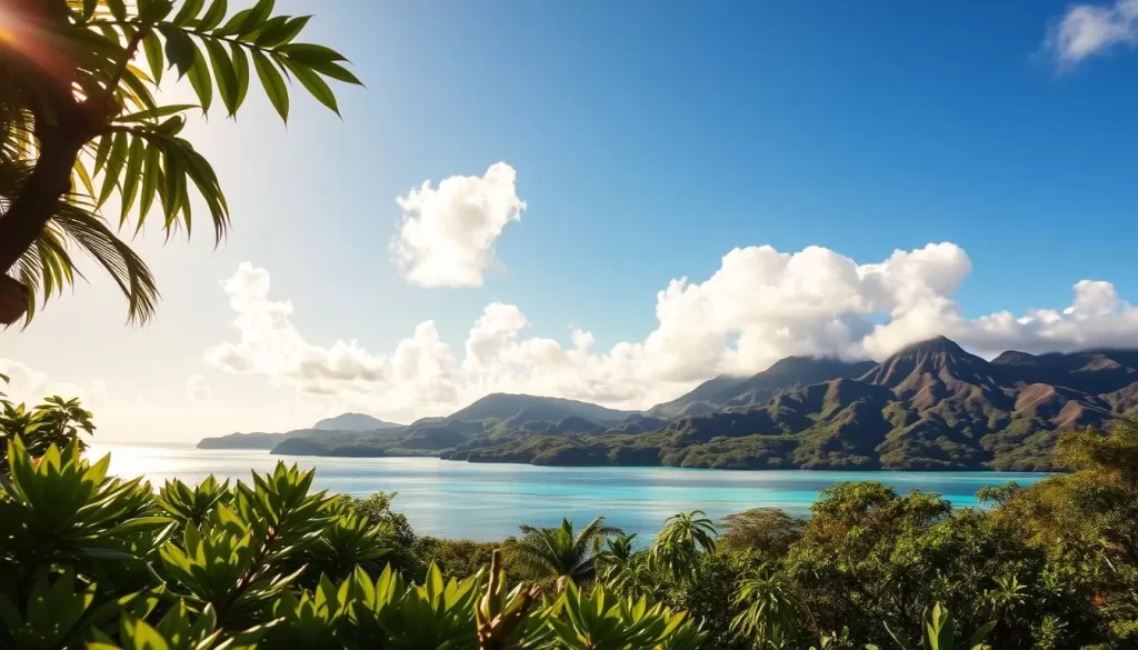 A vibrant, sun-dappled scene of Micronesia's diverse weather patterns throughout the seasons. In the foreground, lush, verdant foliage sways gently in a warm, tropical breeze. The middle ground showcases a tranquil, azure lagoon, its surface reflecting the fluffy, cumulus clouds drifting overhead. In the distance, rugged volcanic peaks rise majestically, their slopes blanketed in a patchwork of rich greens and earthy hues. The lighting is soft and naturalistic, casting a golden glow across the idyllic landscape. This serene, picturesque setting captures the essence of Micronesia's weather-savvy charm.