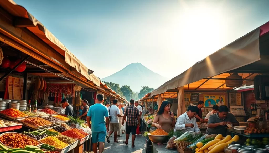 A vibrant, sun-dappled scene of a bustling outdoor market in the shadow of Mount Kinabalu. In the foreground, a colorful display of fresh produce, fragrant spices, and sizzling street food stalls. The middle ground showcases locals and tourists exploring the array of local delicacies, from hearty rice dishes to savory meat skewers and tropical fruit desserts. In the background, the majestic, snow-capped peak of Mount Kinabalu dominates the horizon, creating a serene and picturesque setting. Warm, natural lighting filters through the market canopies, lending a vibrant, inviting atmosphere. The composition captures the essence of Kinabalu's diverse culinary offerings, showcasing the region's rich cultural heritage and the vibrant, convivial spirit of the local community.