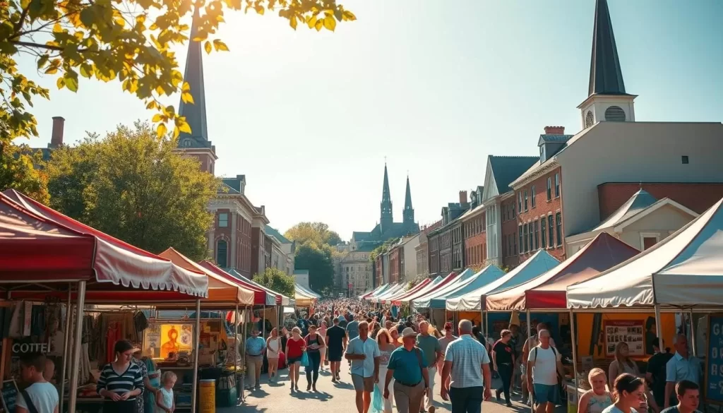 A vibrant, sun-dappled scene showcasing the diverse events and festivals in Massachusetts. In the foreground, colorful tents and stands dotting a lively outdoor market, vendors offering local crafts, artisan goods, and delectable regional cuisine. In the middle ground, a crowd of people milling about, taking in the lively atmosphere and enjoying the warm weather. In the background, iconic New England architecture, with historic buildings and steepled churches framing the scene. Soft, warm lighting lends a celebratory ambiance, capturing the spirit of the state's vibrant cultural calendar.