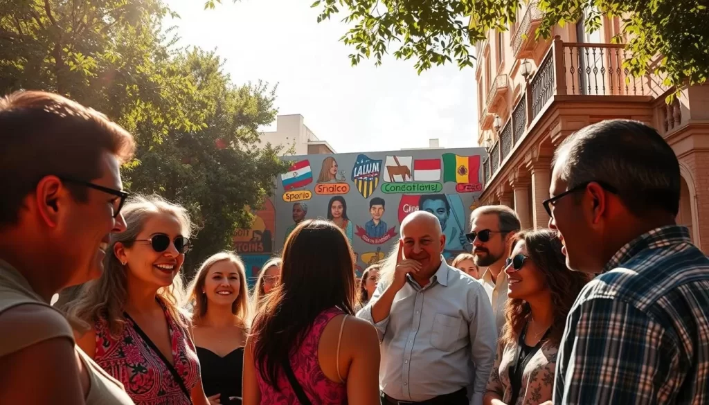 A vibrant, sun-dappled scene showcasing the diverse languages spoken in Louisiana. In the foreground, a group of people engaged in lively conversation, their faces animated as they express themselves in English, Spanish, French, and Creole. In the middle ground, a colorful mural depicts iconic symbols of Louisiana's cultural heritage. In the background, the stately architecture of a historic building frames the scene, its ornate details softened by the warm glow of the afternoon light. The overall atmosphere conveys a sense of community, celebration, and the rich tapestry of linguistic traditions that define this unique American state.