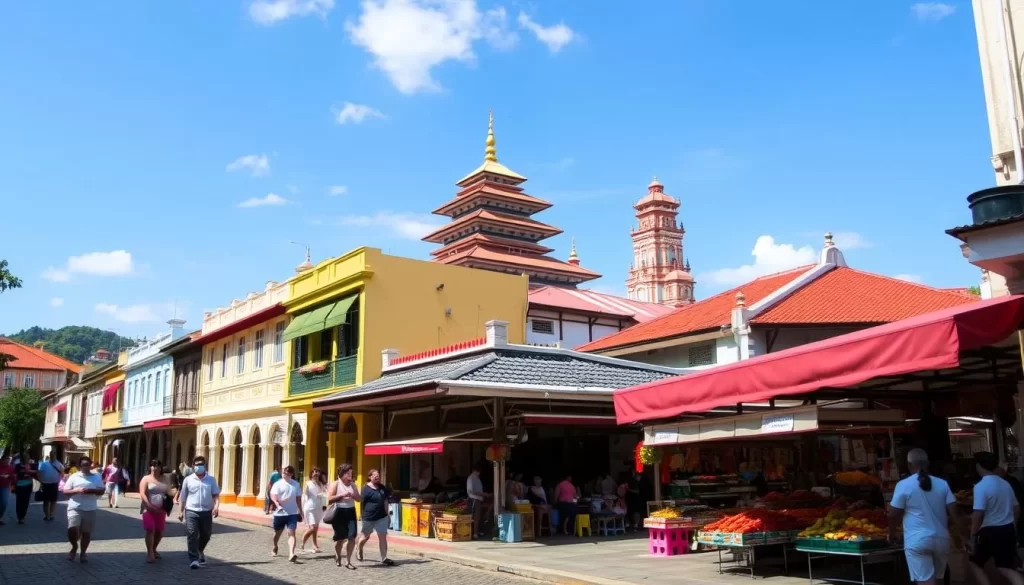 A vibrant, sun-dappled street in the heart of George Town, a UNESCO World Heritage Site in Penang, Malaysia. Rows of colorful, well-preserved colonial shophouses line the sidewalks, their intricate facades casting long shadows across the cobblestoned pavement. In the foreground, local residents and visitors stroll leisurely, soaking in the historic ambiance. The middle ground features a bustling open-air market, with vendors selling an array of spices, fruits, and handicrafts. In the background, the iconic Kek Lok Si Temple, a magnificent Buddhist shrine, rises majestically against a clear blue sky. The scene radiates a sense of timeless charm and cultural vibrancy, capturing the essence of George Town's unique heritage.