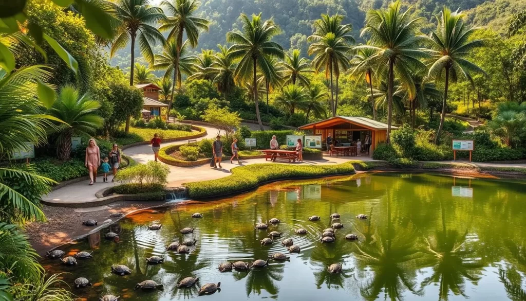 A vibrant, sun-drenched Turtle Conservation Center nestled amidst lush, verdant foliage. In the foreground, a serene pond reflects the gentle movements of hatchling turtles as they bask on the shoreline. Visitors stroll along winding pathways, observing educational displays that highlight the center's vital conservation efforts. The middle ground features modern, eco-friendly facilities blending seamlessly with the natural landscape. In the background, the silhouettes of towering palm trees sway softly, creating a tranquil, tropical ambiance. Warm, diffused lighting casts a soft glow, evoking a sense of harmony and interconnectedness between the center and its natural environment.