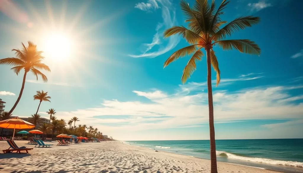 A vibrant, sun-drenched beachscape capturing the essence of Orange Beach's seasonal allure. A warm, golden sun casts a soft glow over the pristine, powdery sand, its rays dancing upon the gentle waves lapping at the shore. In the foreground, colorful umbrellas and beach chairs dot the landscape, inviting visitors to bask in the tranquil ambiance. Towering palm trees sway gracefully in the salty breeze, framing the serene scene. The clear, azure sky stretches endlessly, with wispy clouds drifting overhead, creating a sense of timeless, idyllic beauty. This picturesque tableau encapsulates the essence of Orange Beach's best seasons, captivating the viewer with its postcard-perfect charm.