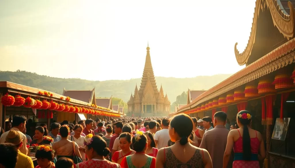 A vibrant, sun-drenched festival scene in Laos, showcasing the rich cultural heritage and seasonal traditions of the country. In the foreground, a lively crowd gathers around colorful food stalls, their energetic chatter and laughter filling the air. Intricate traditional costumes and ornate headpieces adorned with flowers create a captivating visual tapestry. In the middle ground, a grand, ornate temple structure stands tall, its gilded roofs and intricate carvings reflecting the warm, golden light. In the background, a verdant landscape of rolling hills and lush, tropical foliage frames the scene, evoking a sense of tranquility and connection to the natural world. The overall mood is one of celebration, cultural vibrancy, and the beauty of Laos' seasonal festivals.