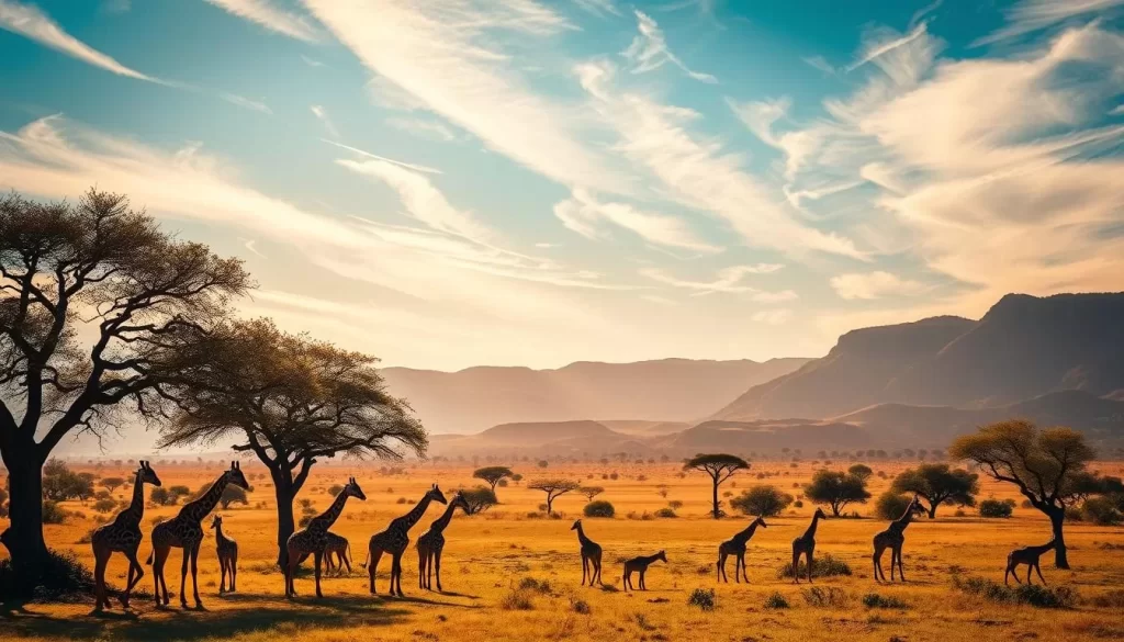A vibrant, sun-drenched morning in the Samburu National Reserve, Kenya. In the foreground, a herd of majestic Samburu giraffes graze peacefully, their long necks swaying gently. Towering acacia trees dot the lush, rolling savanna in the middle ground, casting dappled shadows across the landscape. In the distance, the rugged, ochre-hued hills of the reserve rise up, framed by a brilliant azure sky dotted with wispy clouds. The warm, golden light bathes the scene, creating a serene and inviting atmosphere. This captivating image captures the best time to visit Samburu - a time of abundant wildlife, breathtaking vistas, and a tranquil, timeless beauty.