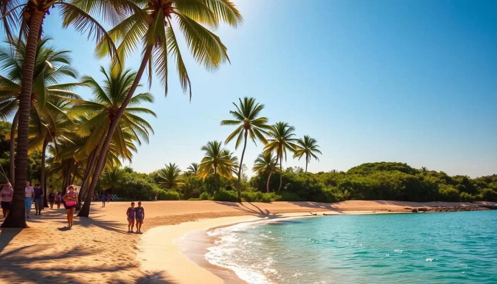A vibrant, sun-drenched scene of Florida's natural beauty. A pristine beach with shimmering turquoise waters, palm trees swaying gently in the breeze. In the foreground, visitors strolling along the soft, golden sand, soaking up the warmth of the clear sky. The middle ground features idyllic coastal scenery, with lush, verdant foliage lining the shore. In the distance, a tranquil, sparkling horizon, hinting at the state's picturesque sunsets. Warm, diffused lighting bathes the entire landscape, capturing the inviting atmosphere of an ideal Florida getaway. A serene, weather-perfect scene that exemplifies the best months to visit this sunshine-filled destination.
