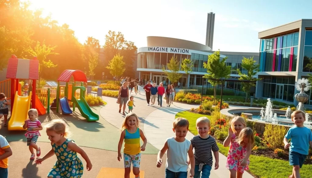 A vibrant, sun-drenched scene of a bustling kid-friendly attraction in Bristol, Connecticut. In the foreground, a group of children excitedly explore a colorful playground, filled with slides, swings, and climbing structures. In the middle ground, families stroll along a paved path, passing by lush gardens and decorative fountains. In the background, the iconic Imagine Nation Museum stands tall, its modern architecture and interactive exhibits inviting visitors of all ages. The atmosphere is one of joy and discovery, with laughter and excitement filling the air. Soft, diffused lighting bathes the scene, creating a warm and welcoming ambiance.