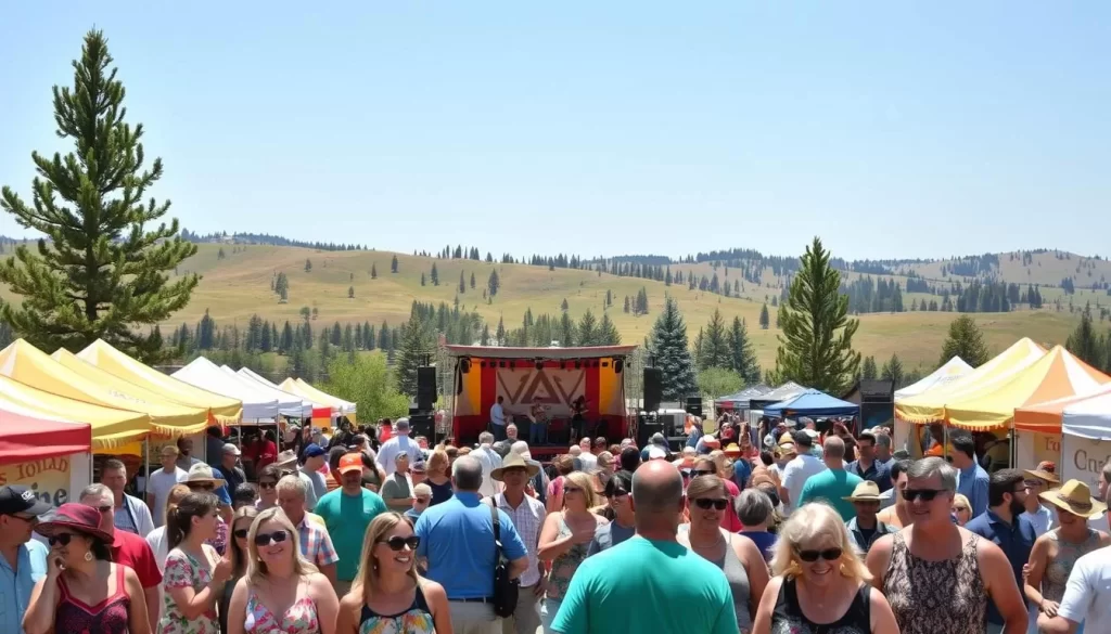 A vibrant, sun-drenched scene of an Idaho festival, bustling with energy and local charm. In the foreground, a crowd of cheerful festival-goers mingle and browse colorful vendor stalls, their laughter and chatter filling the air. In the middle ground, a stage stands, alive with the rhythmic beats of a local band performing traditional music. The background is a panoramic landscape of rolling hills, dotted with lush evergreen trees and framed by a clear, azure sky. The atmosphere is one of warmth, community, and a celebration of Idaho's rich cultural heritage.