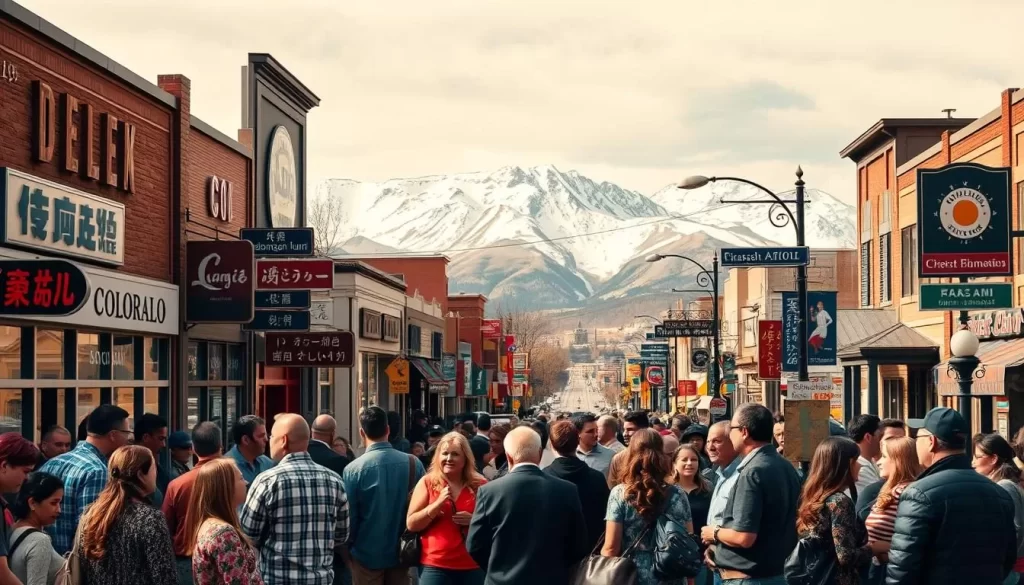 A vibrant tableau showcasing the linguistic diversity of Colorado, set against the majestic backdrop of the Rocky Mountains. In the foreground, groups of people converse animatedly in a variety of languages, their body language and facial expressions conveying the rich cultural exchanges taking place. The midground features storefronts and street signs in multiple scripts, reflecting the multilingual nature of the community. In the distance, snow-capped peaks rise majestically, evoking a sense of awe and wonder. Warm, diffuse lighting bathes the scene, creating a welcoming and inclusive atmosphere. This image captures the essence of Colorado's thriving linguistic landscape, a tapestry of diverse voices woven together in harmony.