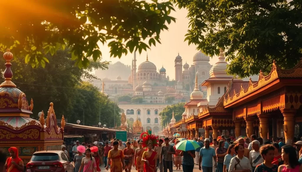 A vibrant tapestry of Malaysian culture unfolds in a sun-drenched scene. In the foreground, a lively street festival bursts with color - intricately decorated floats, dancers in traditional costumes, and vendors selling fragrant spices and handcrafted wares. The middle ground showcases ornate temples and mosques, their domes and minarets reaching skyward. In the background, verdant tropical foliage frames the bustling city, creating a serene yet dynamic atmosphere. Warm, diffused lighting bathes the entire composition, evoking a sense of warmth and celebration. The image conveys the rich diversity and vibrant spirit that define the cultural tapestry of Malaysia.