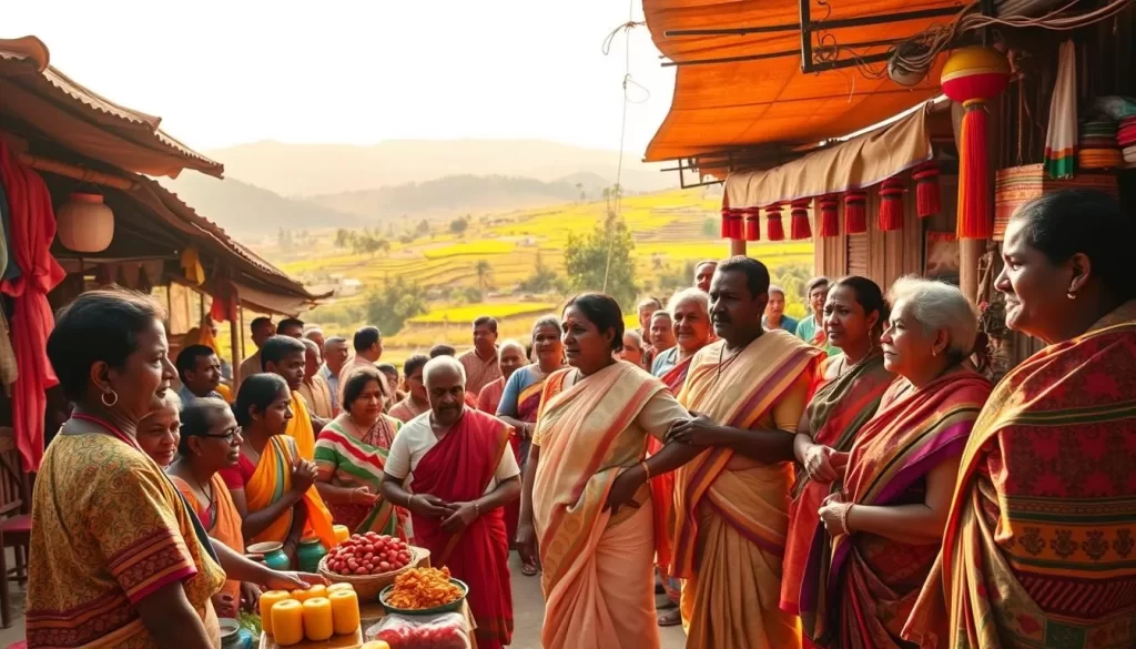 A vibrant tapestry of Tamil Nadu's linguistic diversity unfolds, showcasing the harmonious coexistence of regional dialects and minority languages. In the foreground, a bustling marketplace teems with vendors conversing in a rich array of local tongues, their animated gestures and expressions capturing the rhythmic cadence of the region. In the middle ground, a community gathering celebrates the unique heritage of a minority group, their traditional dress and songs weaving a mesmerizing tapestry of cultural exchange. The background reveals the picturesque landscape, where rolling hills and lush paddy fields provide the perfect backdrop for this linguistic symphony. Warm, golden light filters through, casting a serene glow over the scene, as if to highlight the harmony and diversity that defines Tamil Nadu's linguistic tapestry.