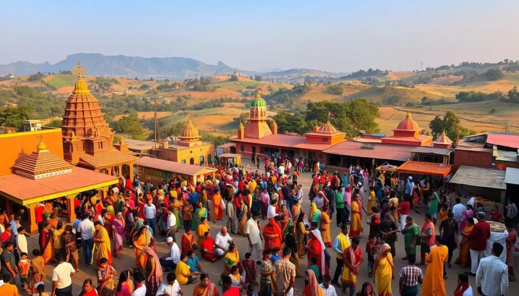 A vibrant tapestry of colorful celebrations unfolds in the lush landscapes of Jharkhand. In the foreground, a bustling village square teems with revelers adorned in traditional attire, their vibrant saris and kurtas swaying to the rhythmic beats of tribal drums. The middle ground reveals ornate temples and intricate handicrafts, reflecting the region's rich cultural heritage. In the background, verdant hills and rolling meadows provide a serene backdrop, as if nature itself joins in the joyous festivities. Warm, soft lighting bathes the scene, capturing the festive atmosphere and the contagious energy of the Jharkhand festival experience. This panoramic vista showcases the cultural tapestry that makes Jharkhand a true festival paradise.