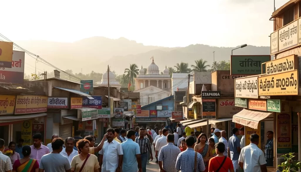 A vibrant tapestry of diverse languages, Karnataka's linguistic landscape unfolds in a captivating display. In the foreground, a bustling street scene showcases the rich cultural exchange, with locals conversing in a symphony of melodic tongues. The middle ground reveals signage and storefronts adorned with a kaleidoscope of scripts, from the elegant Kannada to the flowing Telugu and the distinct Tulu. In the background, majestic hills and serene temples stand as timeless witnesses to the region's linguistic heritage. Warm sunlight filters through, casting a golden glow and accentuating the harmony of this multilingual mosaic. The image conveys a sense of unity in diversity, capturing the essence of Karnataka's linguistic tapestry.