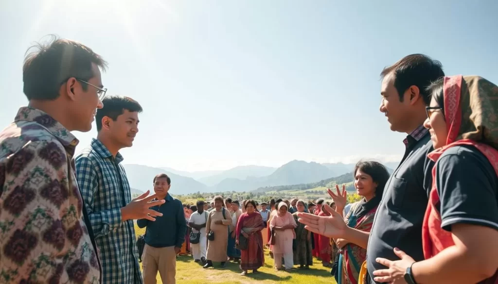 A vibrant tapestry of languages, cultures, and traditions unfolds in a sun-dappled landscape. In the foreground, individuals converse animatedly, gesturing with their hands as they exchange ideas. The middle ground reveals a diverse array of people, each wearing traditional attire and carrying symbols of their unique heritage. In the background, a skyline of towering mountains and lush greenery creates a serene, majestic backdrop, reflecting the rich cultural diversity of the region. The overall scene conveys a sense of harmony, where differences are celebrated and shared experiences unite the community.