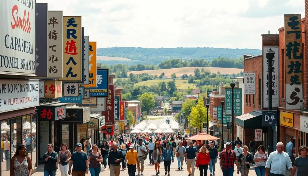 A vibrant tapestry of languages unfolds across the streets of Indiana, where diverse cultures converge. In the foreground, billboards and storefronts display a kaleidoscope of scripts, from the flowing cursive of Spanish to the angular characters of Mandarin. Pedestrians of all backgrounds navigate the urban landscape, their animated conversations weaving a symphony of tongues. In the middle ground, a bustling town square serves as a hub for linguistic exchange, with vendors hawking their wares in a myriad of dialects. The backdrop features rolling hills and verdant parks, hinting at the state's natural beauty that provides a canvas for this linguistic mosaic. Warm, diffused sunlight bathes the scene, lending an inviting, inclusive atmosphere to the Linguistic Landscape of Indiana.