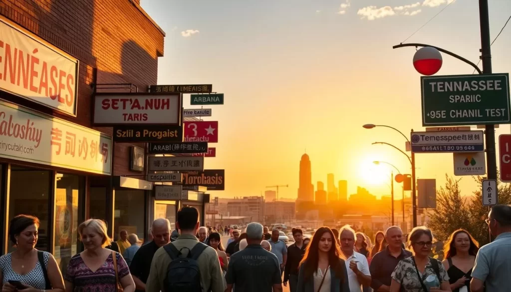 A vibrant tapestry of languages unfolds across the streets of Tennessee, where diverse communities come together. In the foreground, pedestrians of various ethnicities converse animatedly, their words echoing the rich cultural heritage of the state. The middle ground reveals storefront signs showcasing the region's linguistic diversity, from Spanish to Arabic to Mandarin. In the background, a panoramic view of the city skyline provides the perfect backdrop, bathed in the warm glow of a golden sunset. The scene exudes a sense of harmony and inclusivity, capturing the essence of Tennessee's linguistic landscape.