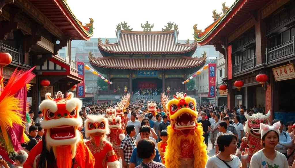 A vibrant temple festival celebration in a bustling town square in Taiwan. In the foreground, a colorful parade with elaborately costumed performers, lion and dragon dancers, and rhythmic drums and cymbals. In the middle ground, intricate temple architecture with ornate roofs and details gleaming in the warm afternoon sunlight. The background features a lively crowd of local residents and tourists, all immersed in the joyous atmosphere. Soft, diffused lighting creates a sense of celebration and festivity. Capture the energy, color, and cultural traditions of a Taiwanese temple festival.