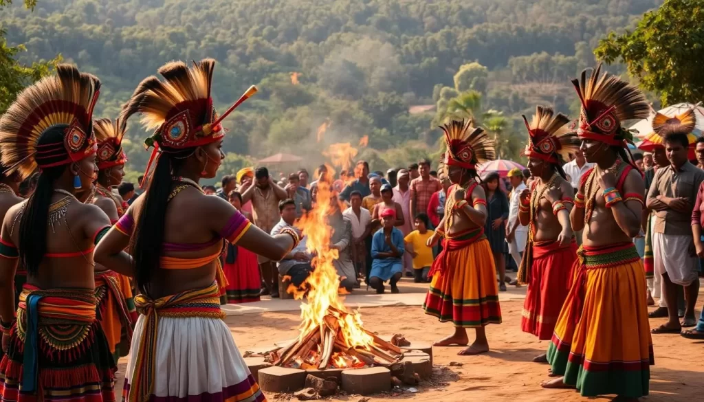 A vibrant tribal festival in the heart of Madhya Pradesh, India. In the foreground, colorfully dressed indigenous dancers perform a traditional ritual, their intricate headdresses and ornate body adornments catching the warm sunlight. In the middle ground, a lively crowd of locals and visitors gathers around a ceremonial fire, its crackling flames casting a serene glow. The background features a backdrop of lush, verdant forests and rolling hills, hinting at the rich natural landscapes that surround this cultural celebration. The scene exudes a sense of community, heritage, and reverence for the land.