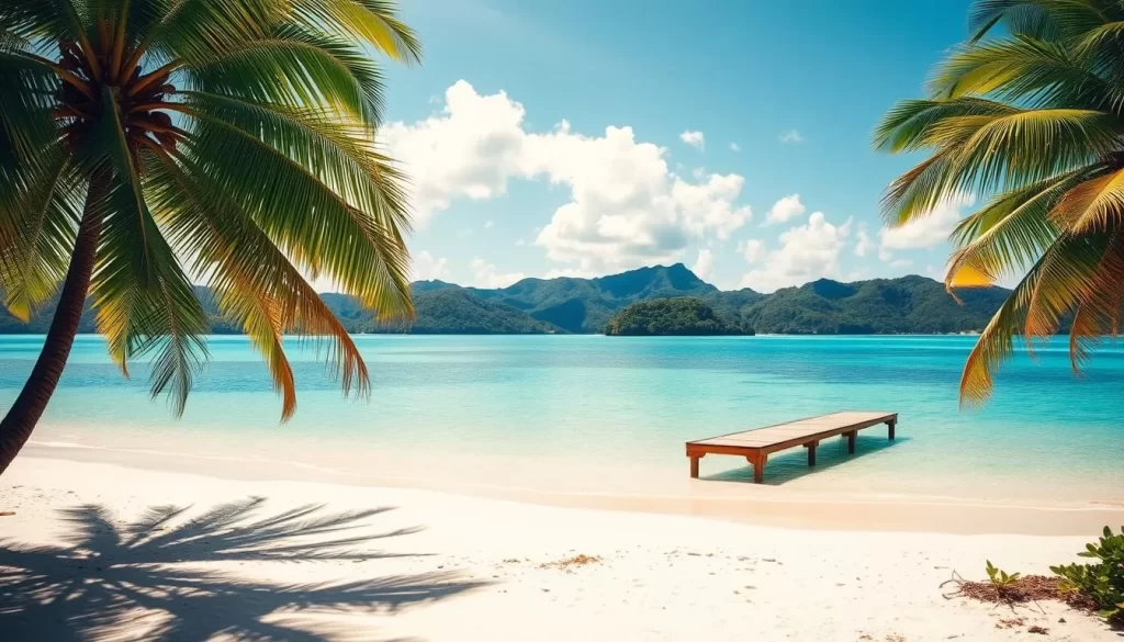 A vibrant tropical island scene, with a sun-dappled beach and crystal-clear turquoise waters lapping gently at the shore. Swaying palm trees frame the idyllic landscape, casting playful shadows on the powdery white sand. A small wooden jetty juts out into the tranquil bay, inviting visitors to explore the island's hidden coves and inlets. In the distance, lush green hills rise up, hinting at the lush interior waiting to be discovered. The scene is bathed in warm, golden light, creating a serene and inviting atmosphere perfect for a tranquil day trip.
