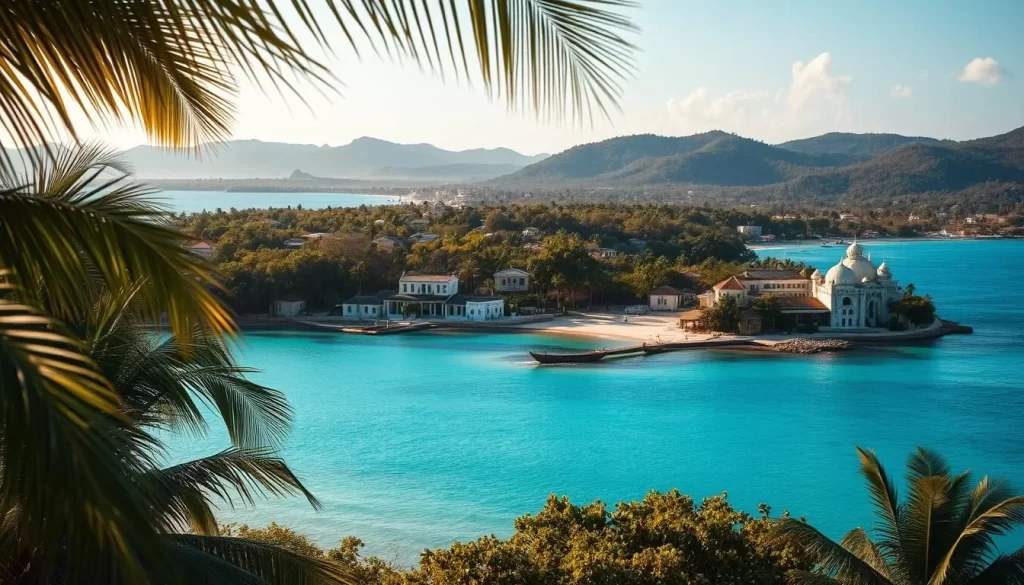 A vibrant tropical landscape unfolds, with the Lamu Archipelago's stunning islands nestled along the Kenyan coast. In the foreground, lush palm trees sway gently, their fronds catching the warm sunlight. The crystal-clear turquoise waters of the Indian Ocean glimmer, inviting exploration. In the middle ground, traditional Swahili architecture in muted shades of white and ochre dot the coastline, their intricate carvings and wooden dhows hinting at the rich cultural heritage. Farther in the distance, the silhouettes of rolling hills and dense forests create a serene backdrop, a visual symphony of natural beauty. The scene is bathed in a soft, golden glow, evoking a sense of tranquility and timelessness.