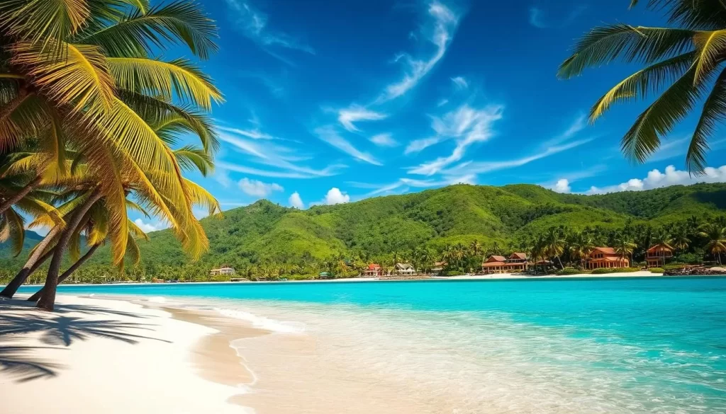 A vibrant tropical paradise during the shoulder season. In the foreground, a pristine white sand beach with turquoise waters lapping gently. Swaying palm trees cast soft shadows, inviting visitors to relax. In the middle ground, lush green hills dotted with colorful bungalows and resorts. The sky is a brilliant azure, with wispy clouds drifting overhead. Natural light bathes the scene in a warm, golden glow, creating a serene and inviting atmosphere. Capture the essence of Fiji during the ideal May or October travel window, when crowds are smaller and the weather is balmy.