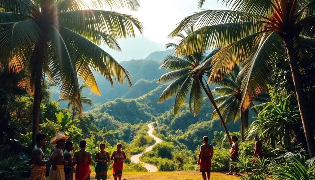 A vibrant tropical scene set in the lush, verdant landscapes of the Andaman Islands. In the foreground, a group of indigenous people gather, dressed in traditional attire, engaged in lively conversation, their gestures and expressions conveying the richness of their ancestral languages. Sunlight filters through the canopy of towering palm trees, casting a warm, golden glow over the idyllic setting. In the middle ground, a winding path leads deeper into the forest, hinting at the diverse cultural and linguistic tapestry of this remote archipelago. The background features rugged, emerald-hued hills rolling into the distance, the scene evoking a sense of timelessness and the enduring resilience of the Andaman's indigenous communities and their unique linguistic heritage.