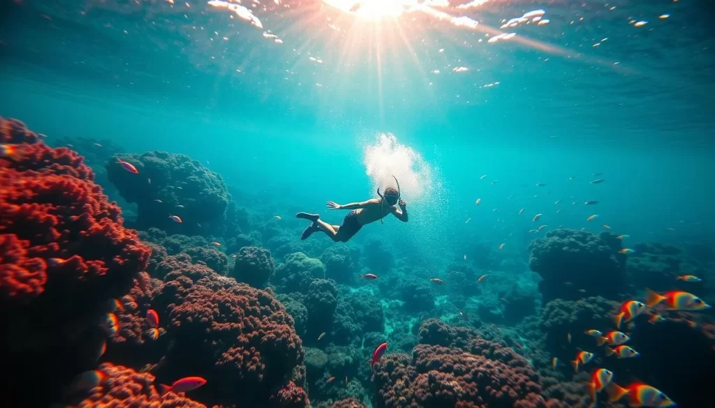 A vibrant underwater scene at Bohey Dulang Island, Malaysia. A snorkeler gracefully glides through the crystal-clear turquoise waters, surrounded by a kaleidoscope of colorful coral formations and curious marine life. Sunlight dances on the surface, casting a warm glow and creating mesmerizing patterns. Schools of tropical fish dart in and out of the lush seascape, adding movement and energy to the serene yet dynamic composition. The snorkeler's silhouette is captured in a moment of peaceful exploration, showcasing the breathtaking natural beauty of this idyllic island destination.