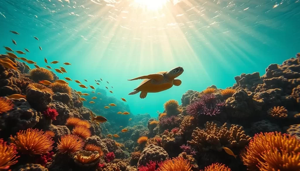 A vibrant underwater scene at Christmas Island's pristine coral reef. The foreground showcases a diverse array of marine life, including schools of tropical fish, graceful sea fans, and a mesmerizing sea turtle gliding effortlessly through the crystal-clear waters. The middle ground reveals the intricate coral formations, their vibrant hues and intricate textures creating a captivating underwater landscape. In the background, shafts of warm, golden sunlight filter down, illuminating the scene and casting a serene, inviting atmosphere. The composition captures the essence of a thriving, healthy reef ecosystem, perfectly suited to illustrate the unique weather and environmental conditions of this remote Pacific island.