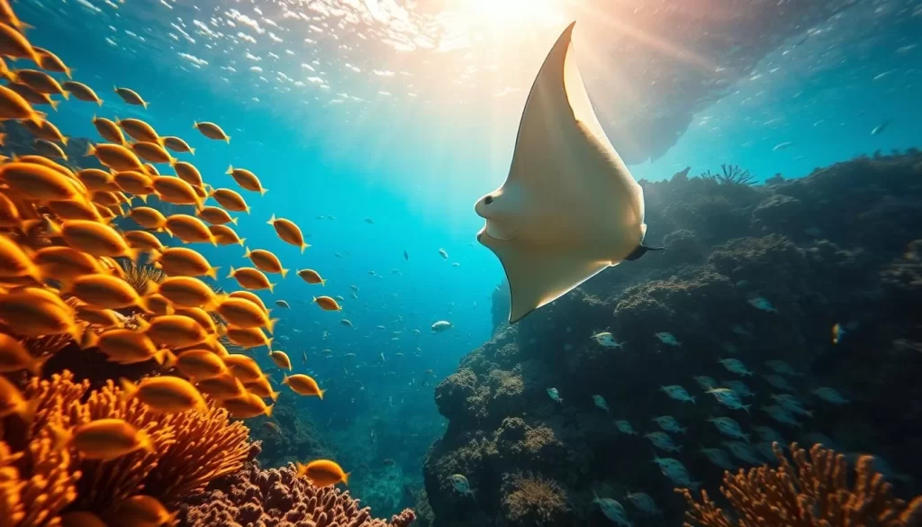 A vibrant underwater scene capturing the marine life of Watamu, Kenya's stunning coastal paradise. In the foreground, a school of colorful tropical fish dart among the swaying coral reefs, their scales glistening in the warm, golden sunlight that filters down from the surface. In the middle ground, a graceful manta ray glides effortlessly, its broad wings casting mesmerizing shadows on the seafloor below. In the background, schools of smaller fish weave intricate patterns, while a curious sea turtle emerges from a rocky crevice, its ancient eyes observing the vibrant ecosystem around it. The whole scene is imbued with a sense of tranquility and wonder, capturing the essence of Watamu's vibrant marine world.