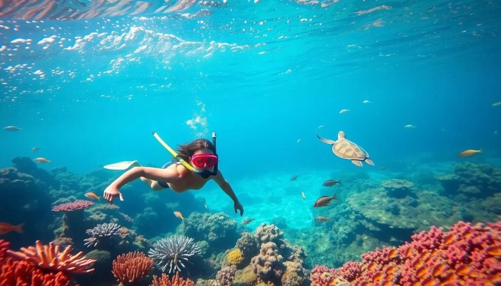 A vibrant underwater scene on Christmas Island, showcasing the island's stunning marine life. The crystal-clear turquoise waters are alive with a kaleidoscope of colorful corals, schools of tropical fish, and the occasional glimpse of a curious sea turtle. Dappled sunlight filters through the surface, creating a warm, serene atmosphere. The snorkeler, clad in diving gear, is immersed in this vibrant underwater paradise, exploring the rich biodiversity of the island's protected marine environment. The shot is framed from a slightly elevated angle, capturing the full expanse of the thriving ecosystem below.
