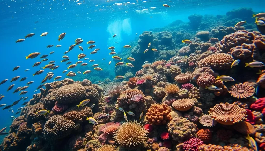 A vibrant underwater seascape showcasing the lush coral reefs and diverse marine life of Tun Sakaran Marine Park, Malaysia. In the foreground, schools of colorful tropical fish dart among the intricate coral formations, their fins glistening in the warm, filtered sunlight. The middle ground reveals a stunning array of sea sponges, sea fans, and anemones, creating a captivating underwater garden. In the distance, a gentle current sweeps through the scene, hinting at the park's thriving ecosystem. The overall mood is one of tranquility and wonder, inviting the viewer to explore and appreciate the beauty and importance of this protected marine environment.