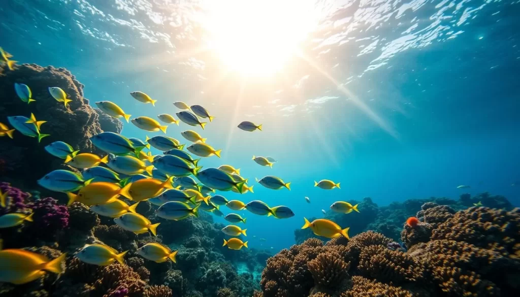 A vibrant underwater seascape teeming with diverse marine life. In the foreground, a school of tropical fish in vibrant hues of blue, yellow, and orange dart through the crystal-clear waters. The middle ground features a lush coral reef, its intricate structures providing a home for a variety of invertebrates and smaller fish species. In the background, the sun's rays filter down, creating a warm, golden glow and illuminating the tranquil scene. The camera is placed at an angle to capture the depth and grandeur of this enchanting underwater world, showcasing the beauty and wonder of the marine ecosystem.