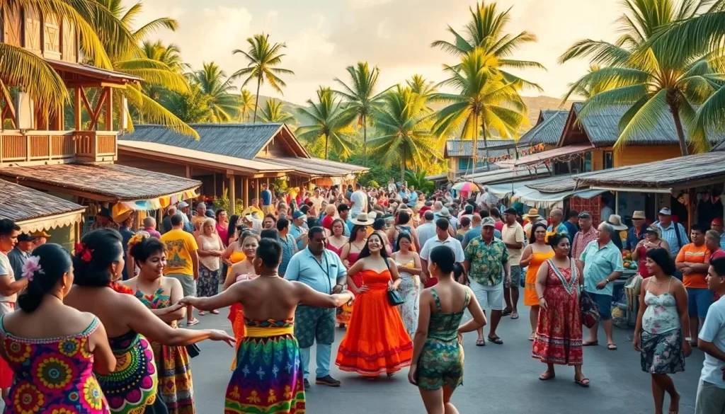 A vibrant village fiesta in Guam, with lively processions of locals dressed in colorful traditional attire parading through the streets. In the foreground, a group of dancers perform an energetic cultural dance, their graceful movements complemented by the upbeat rhythms of a live band. The middle ground showcases a bustling marketplace, where vendors offer an array of handcrafted goods, tropical fruits, and aromatic local delicacies. In the background, quaint wooden houses with thatched roofs and lush palm trees create a picturesque backdrop, bathed in warm, golden sunlight. The scene exudes a sense of community, celebration, and the vibrant spirit of Guam's rich cultural heritage.