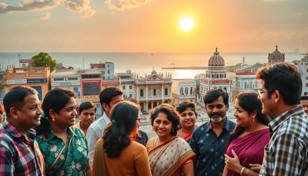A vibrant visual representation of the multilingual landscape of Puducherry, India. In the foreground, a group of people engaged in lively conversation, their expressions and gestures reflecting the diversity of cultures and languages. In the middle ground, iconic buildings and landmarks of Puducherry, their facades adorned with signage in various scripts, from Tamil to French. The background showcases a picturesque coastal setting, with the sun casting a warm glow over the scene, creating a tranquil and welcoming atmosphere. The image captures the essence of Puducherry's official and widely spoken languages, highlighting the harmonious coexistence of Tamil, French, and other regional dialects that define the unique character of this vibrant union territory.