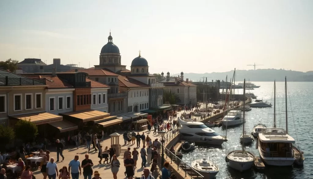 A vibrant waterfront in Arnavutköy, Istanbul, on a pleasant sunny day. A bustling promenade lined with historic buildings, cafés, and boats docked in the harbor. In the foreground, people strolling, dining alfresco, and enjoying the scenic vista. The middle ground features traditional Turkish architecture, with domed roofs and ornate facades. In the background, the sparkling waters of the Bosphorus Strait and the distant silhouettes of the Asian shore. Warm, diffused lighting casts a golden glow over the scene, creating a welcoming and lively atmosphere. Capture the essence of this vibrant Istanbul neighborhood.