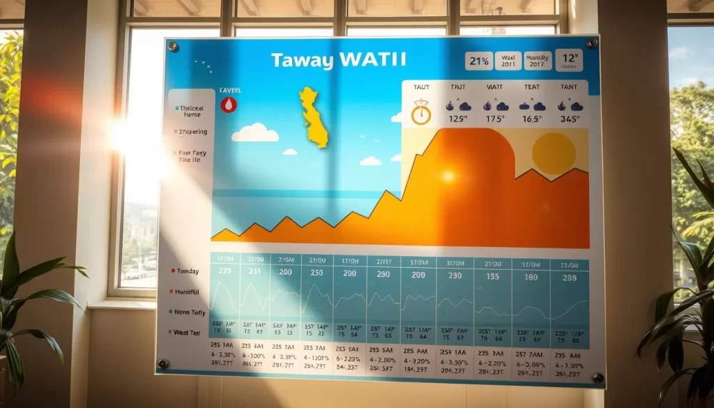 A vibrant weather chart showing the typical climatic conditions in Tawau, Malaysia. The chart displays a clean, modern design with intuitive icons and easy-to-read graphs. Sunlight filters in through large windows, casting a warm, inviting glow over the scene. The chart's layout is both informative and visually appealing, featuring detailed data on temperature, rainfall, humidity, and wind patterns throughout the year. The atmosphere is one of clarity and helpfulness, perfectly suited to guide travelers in planning their visit to this beautiful coastal city.