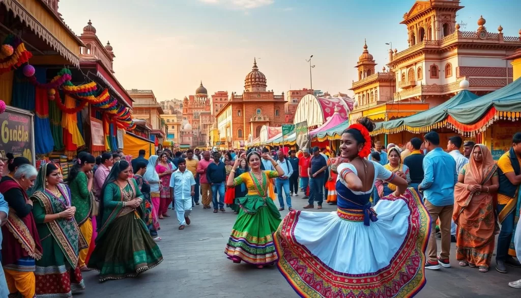 A vibrant winter festival in the heart of Gujarat, India. Colorful stalls and tents line the streets, offering a rich tapestry of traditional handicrafts, spices, and delectable local cuisine. Festive music and laughter fill the air, as people gather to celebrate the season. In the foreground, a group of dancers perform a captivating cultural dance, their intricate costumes and graceful movements commanding attention. In the middle ground, artisans demonstrate their skilled craftsmanship, inviting visitors to interact and observe. The background is a vibrant cityscape, with ornate architecture and a clear, azure sky above, bathed in warm, golden sunlight.