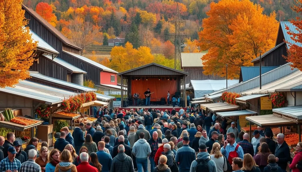 A warm and inviting fall harvest festival scene, set against a backdrop of rustic barns and vibrant autumn foliage. In the foreground, a bustling crowd gathers around an array of colorful stalls selling fresh produce, artisanal crafts, and traditional baked goods. The mouthwatering scent of roasted corn and spiced cider fills the air, complemented by the lively chatter and laughter of attendees. In the middle ground, a stage hosts local musicians and performers, their melodies carried on a gentle breeze. The soft, golden light of the afternoon sun casts a cozy glow over the entire scene, creating a warm and inviting atmosphere that captures the essence of a quintessential fall harvest celebration.