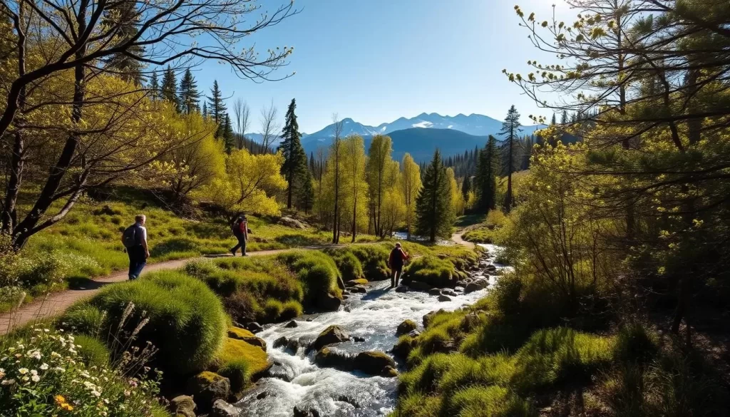 A warm spring day in a lush, verdant national park. Hikers traverse a winding trail, surrounded by vibrant wildflowers and budding trees. Soft, diffused sunlight filters through the canopy, casting a golden glow. In the middle ground, a rushing stream bubbles over mossy rocks. Distant snow-capped peaks rise majestically against a clear, azure sky. The atmosphere is serene, inviting exploration of nature's revival after winter's slumber.