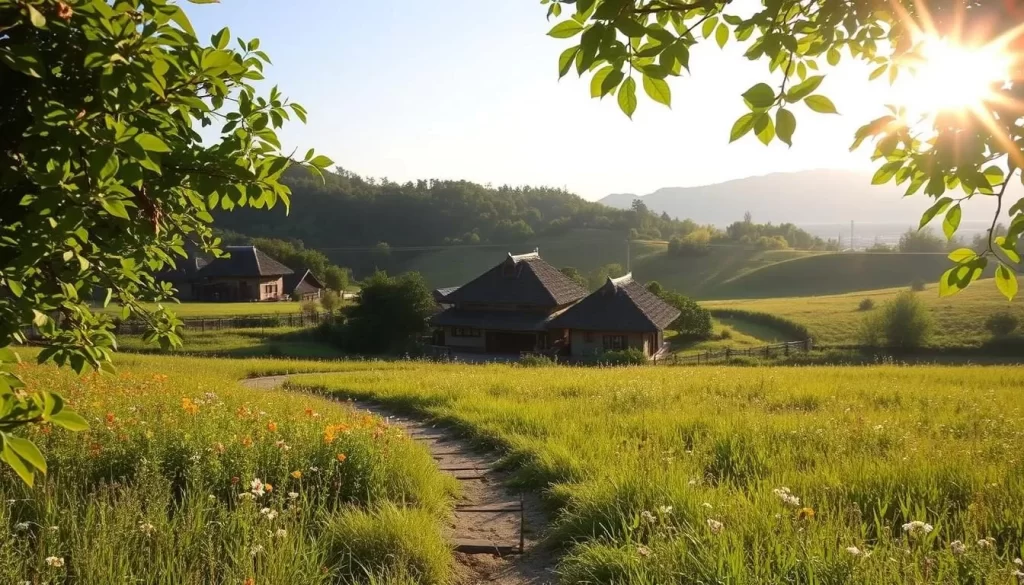 A warm summer day in Mie Prefecture, Japan. Sunlight filters through verdant foliage, casting a gentle glow across a tranquil rural landscape. In the foreground, a winding path leads through a lush field dotted with colorful wildflowers. In the middle ground, traditional thatched-roof houses nestled among rolling hills, their roofs glistening in the afternoon light. The background frames a distant mountain range shrouded in a soft haze. The atmosphere is serene and inviting, capturing the essence of a weather-perfect outing in this picturesque region. Shoot with a wide-angle lens to showcase the expansive scenery, using natural lighting to enhance the warm, summery ambiance.