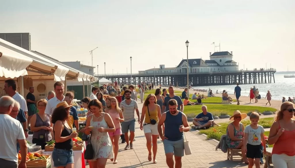 A warm summer day in Narragansett, Rhode Island. In the foreground, a bustling outdoor market with local vendors selling fresh produce, artisanal crafts, and delectable food. Families and friends stroll through the stalls, sampling homemade treats and chatting animatedly. In the middle ground, a picturesque seaside park comes into view, with people enjoying picnics, playing frisbee, and cooling off in the gentle breeze. In the background, the iconic Narragansett Pier and its historic Victorian-style architecture stand tall, overlooking the sparkling waters of the Atlantic Ocean. The scene is bathed in soft, golden sunlight, creating a warm and inviting atmosphere that captures the essence of summer events in this charming Rhode Island town.