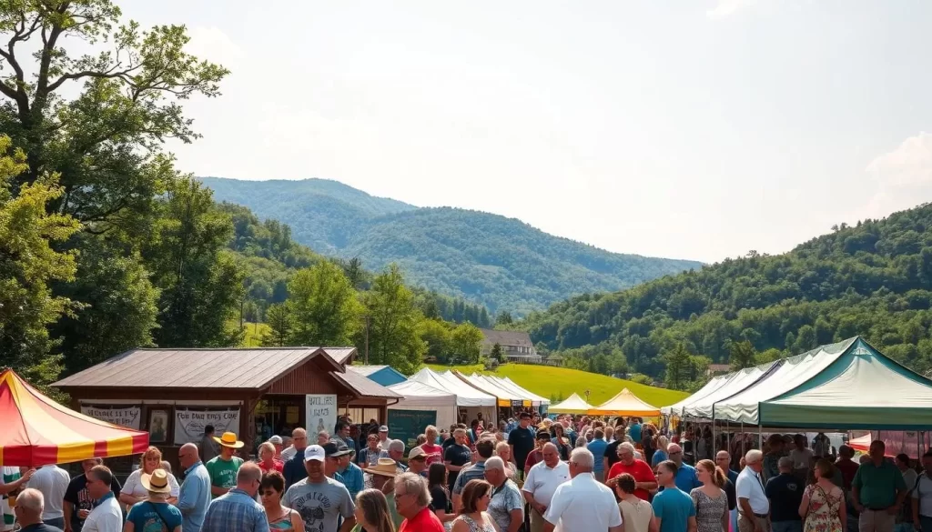 A warm summer day in the heart of West Virginia's countryside, lush green hills and valleys set the stage for a vibrant outdoor festival. In the foreground, a crowd gathers around colorful tents, their laughter and music filling the air. The middle ground showcases traditional Appalachian crafts and artisan displays, while in the background, a picturesque mountain landscape provides a stunning natural backdrop. The scene is bathed in golden sunlight, creating a serene and inviting atmosphere that captures the spirit of West Virginia's vibrant summer festivals.