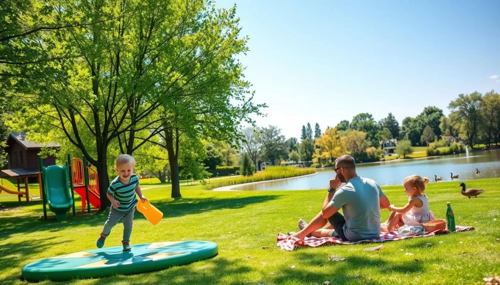 A warm, sun-dappled afternoon in Omaha's Miller Park, where a family of four - parents, a young boy, and a toddler girl - are immersed in joyful outdoor activities. In the foreground, the children play on a vibrant, modern playground, their laughter echoing through the lush, verdant trees. In the middle ground, the parents relax on a picnic blanket, sharing a meal and engaging in lively conversation. In the background, a serene pond reflects the clear blue sky, with ducks gliding peacefully across the surface. The scene exudes a sense of tranquility and togetherness, capturing the essence of family fun in Omaha.